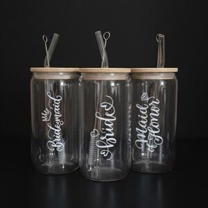 16 oz Bridal Party Glass Cups with Bamboo Lids and Glass Straws (Set of 8)